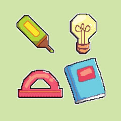 Pixel Art Education Icons Set School lamp Learning Illustrations