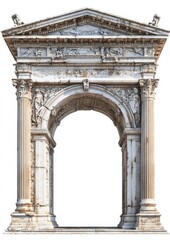 Front view of an ancient Roman arch with detailed carvings and columns, isolated on a white background