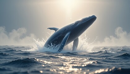 Fototapeta premium Whale breaching in ocean sunrise nature photography coastal serenity gigapixel view