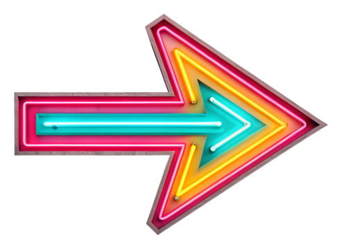 Dynamic neon arrow direction sign urban setting graphic design isolated on transparent background