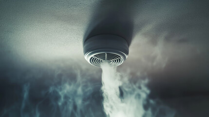 Smoke billowing from ceiling mounted smoke detector in dimly lit room. Home safety and emergency alert system concept