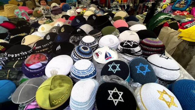 Jerusalem Old City Market, A stall selling a kippah, a Jewish religious cap. A kippah with a Star of David - a symbol of Israel