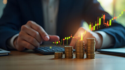 A hand stacking coins on a table with a glowing financial chart overlay. A calculator and smartphone in the background symbolize investment growth and planning.