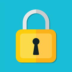 Flat padlock icon on blue background. Padlock closed vector illustration. Flat cartoon pad locks golden yellow design