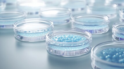 Multiple petri dishes filled with blue gel substance, arranged on a reflective surface, evoking a scientific atmosphere