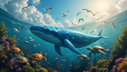 Obraz premium Underwater beauty blue whale & coral reef