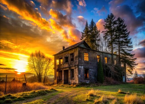Centralia Borst Park Silhouette: Decaying Building, Trees, Grass, January 3, 2023 -  Old Building Silhouette Photography