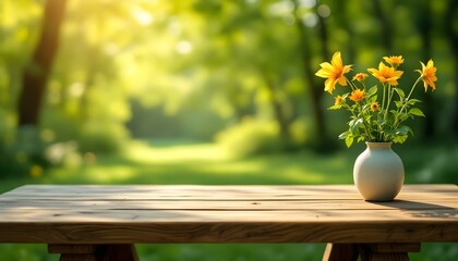 Empty wooden table in a sunlit park, featuring a blurred background of greenery and bokeh effects for a product display mockup