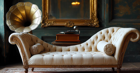A classic European-style sitting room with a tufted chaise lounge in creamy beige upholstery. A vintage gramophone plays soft jazz in the background, while an ornate golden-framed mirror reflects the 