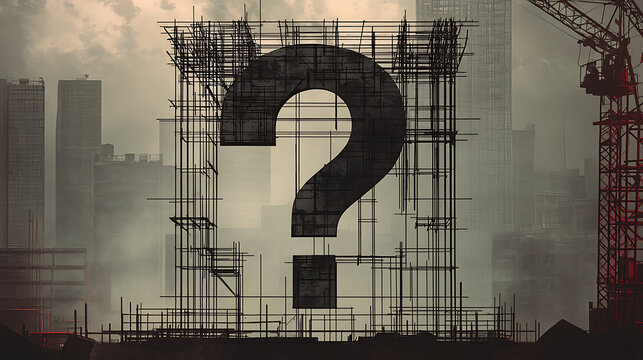Pixelated Question Mark Constructed within Architectural Framework Above a Grunge Cityscape Against Smoky Gray Backdrop