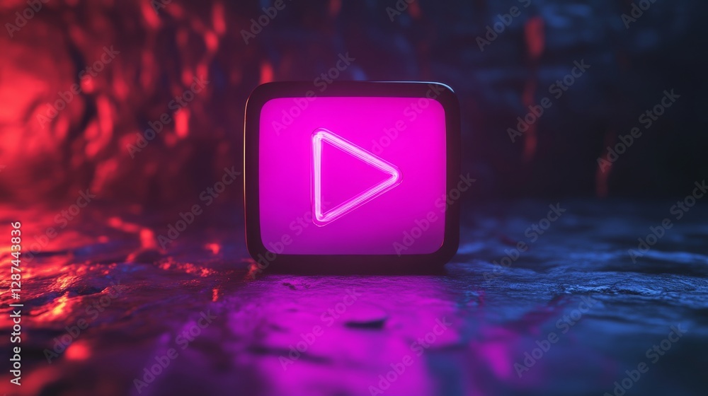 Poster Neon pink play button icon in digital 3d style on a dark textured surface and glowing background. Futuristic digital media and technology concept