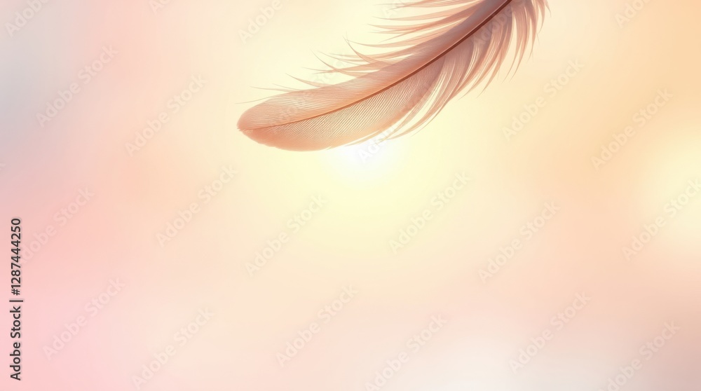 Aufkleber feather floating gently in a soft, dreamy light with a subtle peach and cream background. serene.