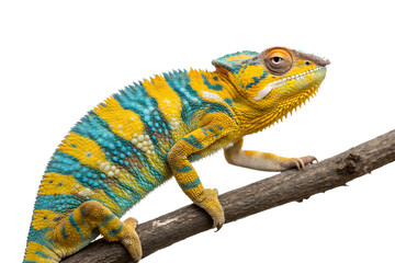 Obraz premium Colorful chameleon climbing a branch in natural environment isolated on transparent background