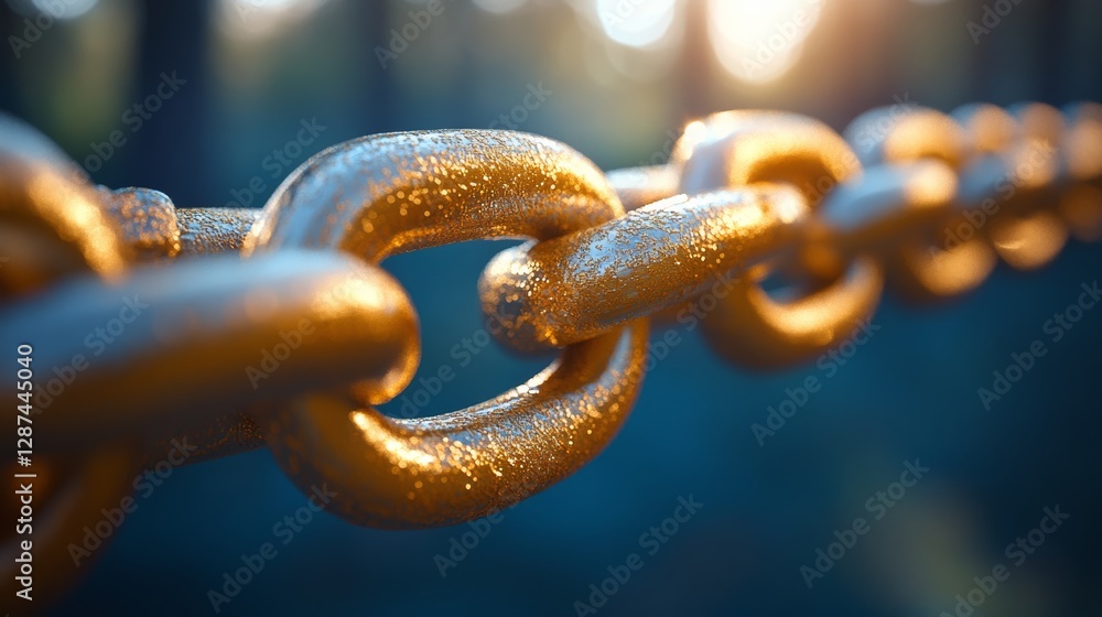 Poster Golden chain in close-up with sunlight and blurred background, symbolizing strength and unity. Industrial and connection concept