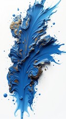 Large blobs of oil paint in blue and gold tones, spreading over a white background, with a volume and gloss effect