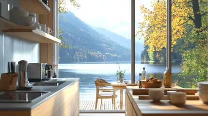 Obraz premium Lakeside kitchen, autumn view, breakfast prep