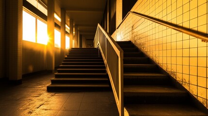 Obraz premium Sunlight streaming through windows illuminates empty stairwell in abandoned building, evoking nostalgia