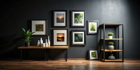 Dark Room Decor: Empty Black Frame Wall Art on Shelf - Minimalist Home Interior Photography
