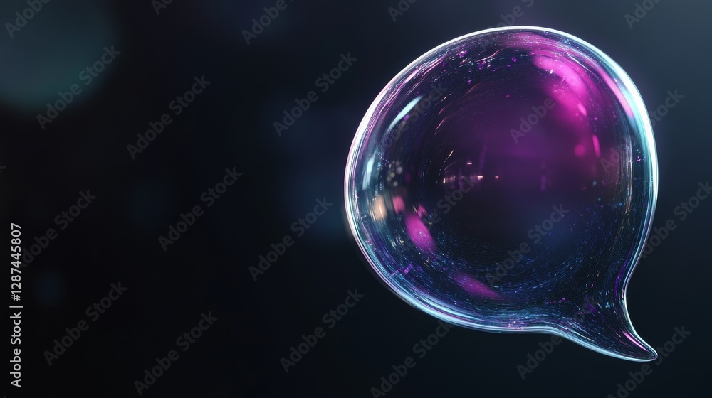 Poster Iridescent speech bubble in dark space with vibrant colors and reflections. Digital communication and futuristic design concept