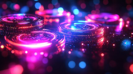 Colorful digital coins with glowing effects.