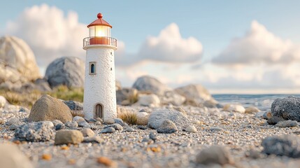 Miniature Lighthouse on Rocky Beach Under Partly Cloudy Sky