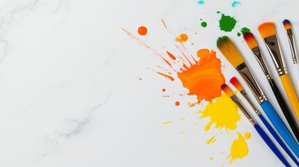 Vibrant array of paint splashes and brushes arranged on a marble surface for artistic inspiration