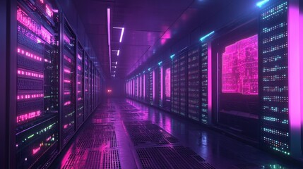 Futuristic data center with neon lighting.