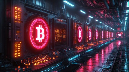 Futuristic digital environment featuring Bitcoin symbols.