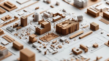 Detailed close-up of a miniature urban model showcasing various buildings and infrastructure elements.