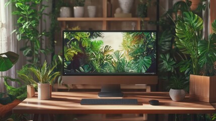 Jungle-themed desktop, home office, plants