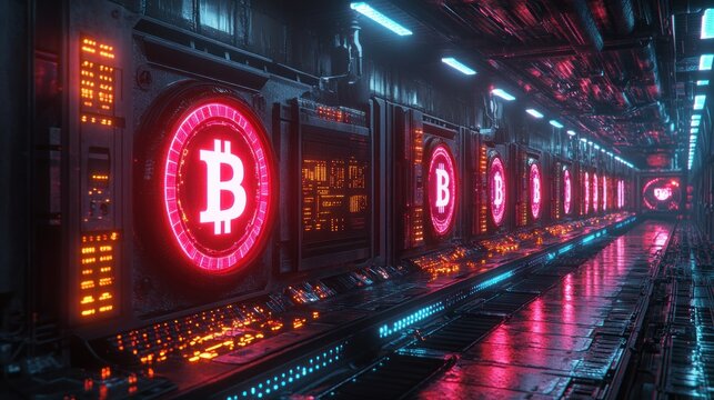 Futuristic digital environment featuring Bitcoin symbols.