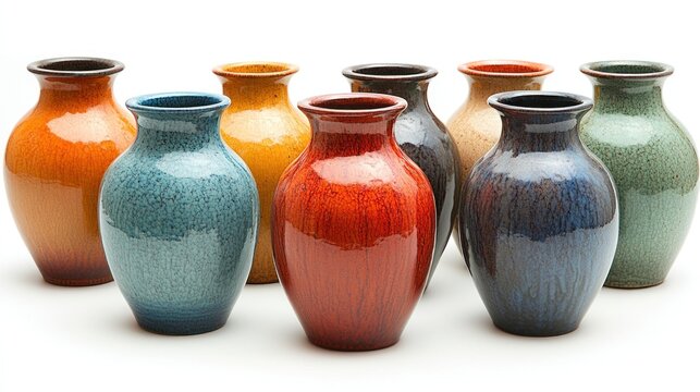 Colorful ceramic vases arranged on white background