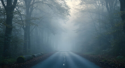 Obraz premium Misty Road Through Forest Trees with Foggy Weather Landscape