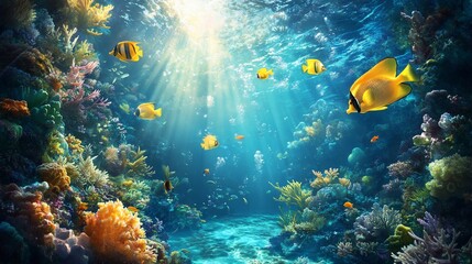 Obraz premium Sunlit Coral Reef Fish Swimming Ocean Scene