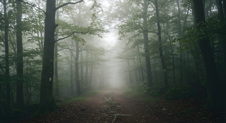 Naklejka premium Foggy Forest Trail Path Through Green Trees Landscape Nature Scene