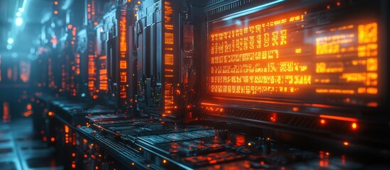 Futuristic server room with glowing interfaces.