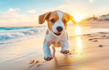 A playful puppy chasing its tail on a sandy beach, the sun setting behind it as the ocean waves gently lap at the shore, creating a joyful and carefree moment
