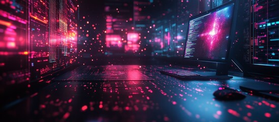 Futuristic workspace with digital data visualization.