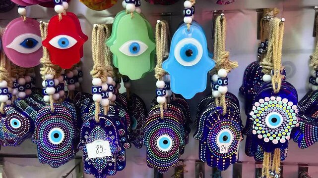 Nazar in market. Blue and red Fatima eye close-up protective amulet against evil eye. Israeli Hamsa David