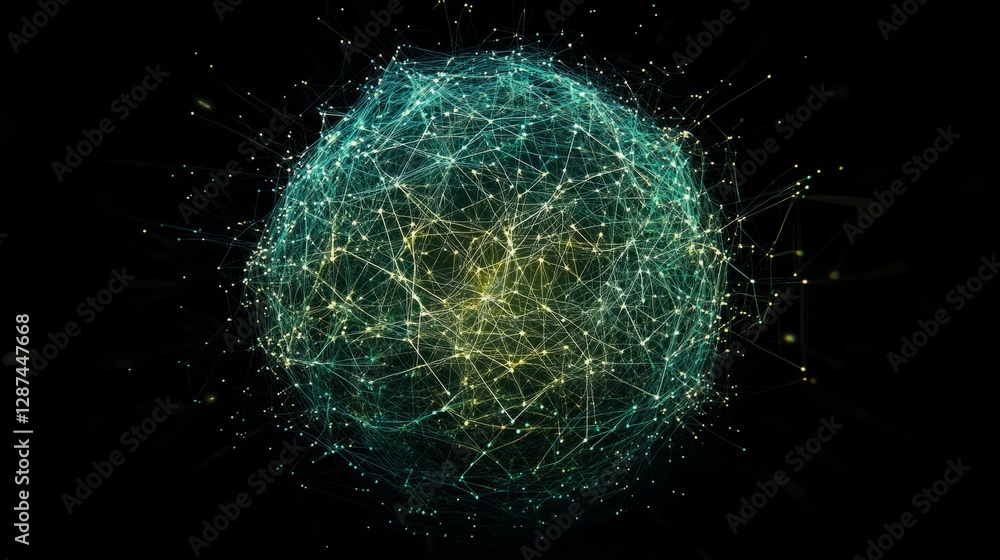 Poster futuristic digital visualization of a data planet with glowing dots and interconnected network lines