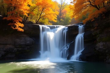 Obraz premium Autumn Waterfall Cascading Over Rocky Terrain, Scenic Nature Landscape