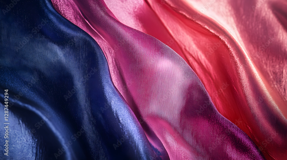 Poster close up view of pink and blue silk fabric showing texture and patterns