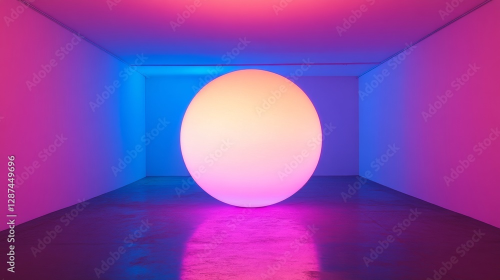 Poster colorful illuminated sphere in a dark room with vivid gradient lights and reflections. modern art in