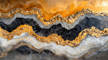 Obraz premium Painting of a mountain range featuring gold and black pattern on canvas