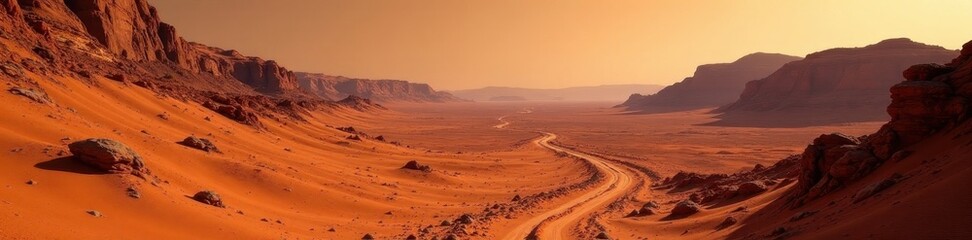 Crimson Martian canyons, rover tracks etched in rust, mountains, sunrise
