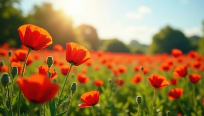 Crimson poppies sway gently in a sun-drenched field , blossom, botany, landscape