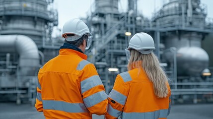 Two workers in safety gear overlooking an industrial facility, showcasing a collaborative work environment