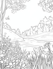 Obraz premium Coloring page for kids featuring serene landscape with flowers and trees