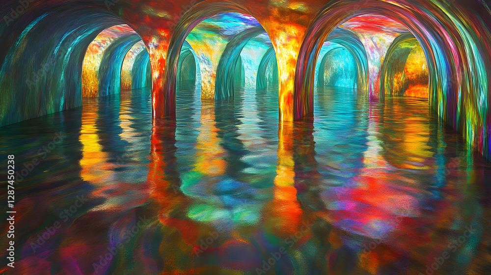 Poster painting of a tunnel illuminated with vibrant colorful lights and abstract patterns on the walls