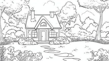 Obraz premium charming coloring page featuring cozy house surrounded by trees and bushes, perfect for kids